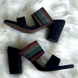 Kaanas size 37 NWOT black pink green multi color sparkley block heels